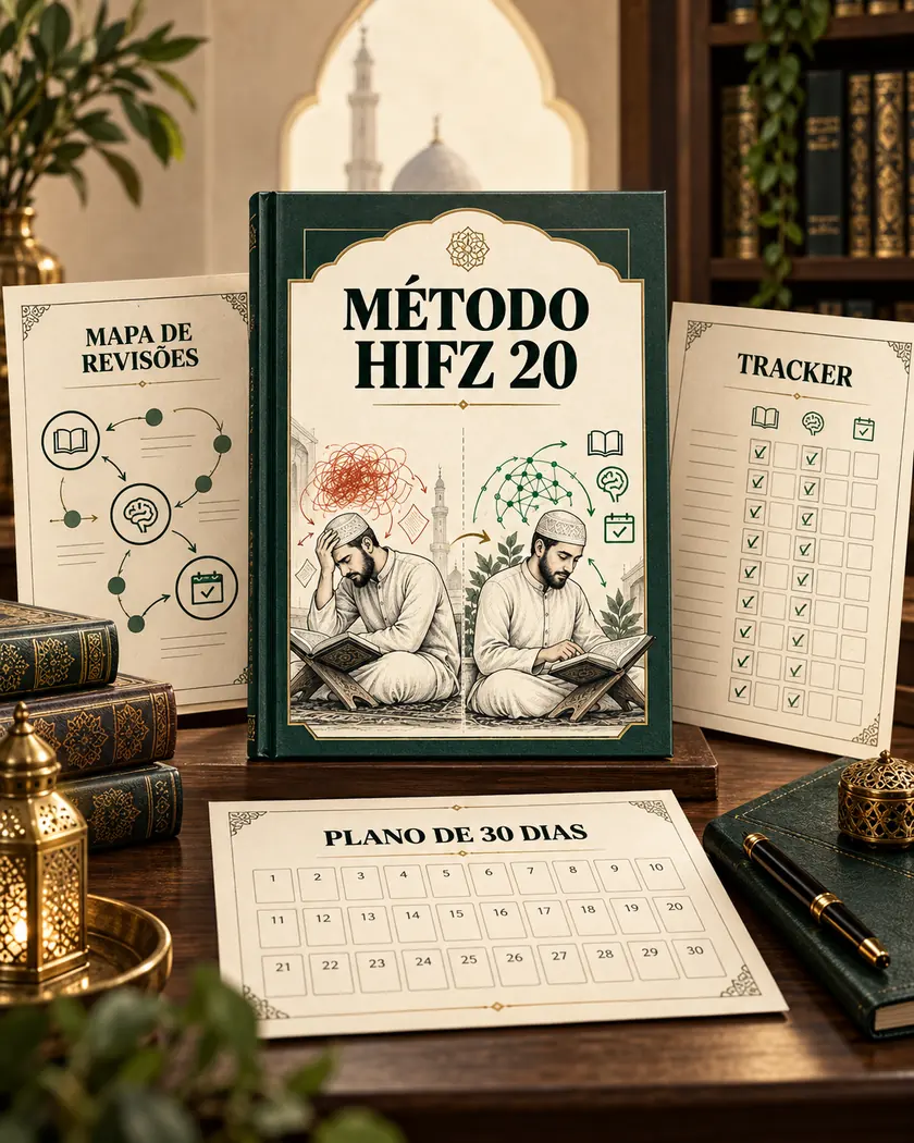 Mockup do Método Hifz 20 com mapa de revisões, tracker e plano de 30 dias