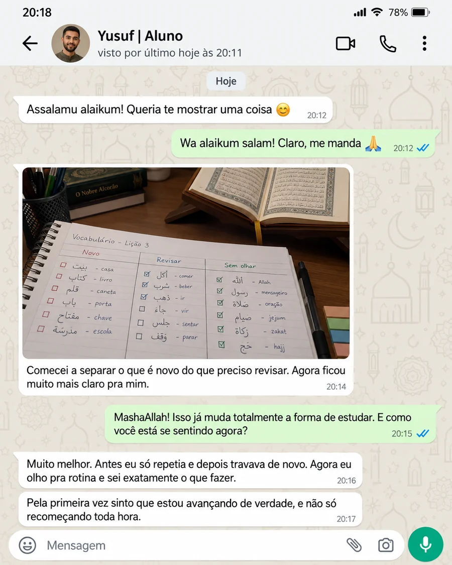 Mockup visual de conversa com Yusuf mostrando uma rotina de estudo organizada