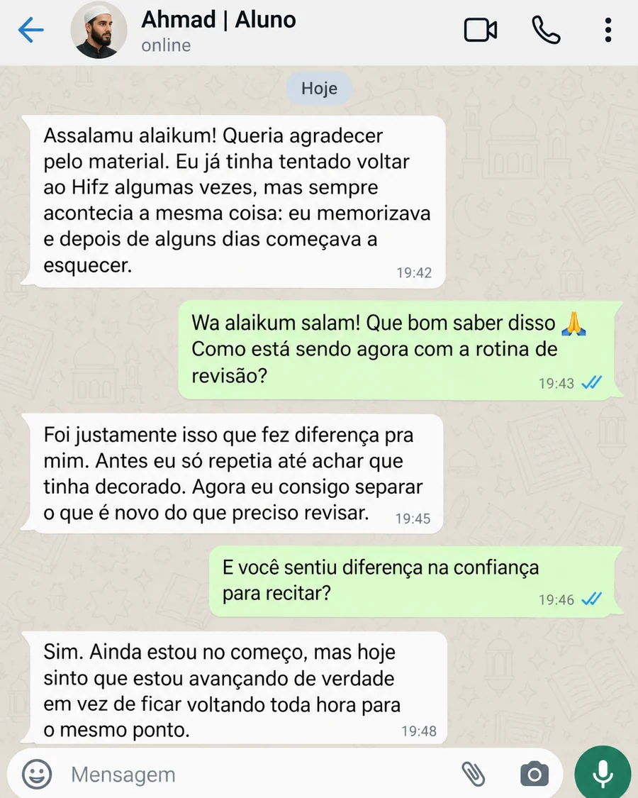 Mockup visual de conversa com Ahmad sobre memorização e revisão