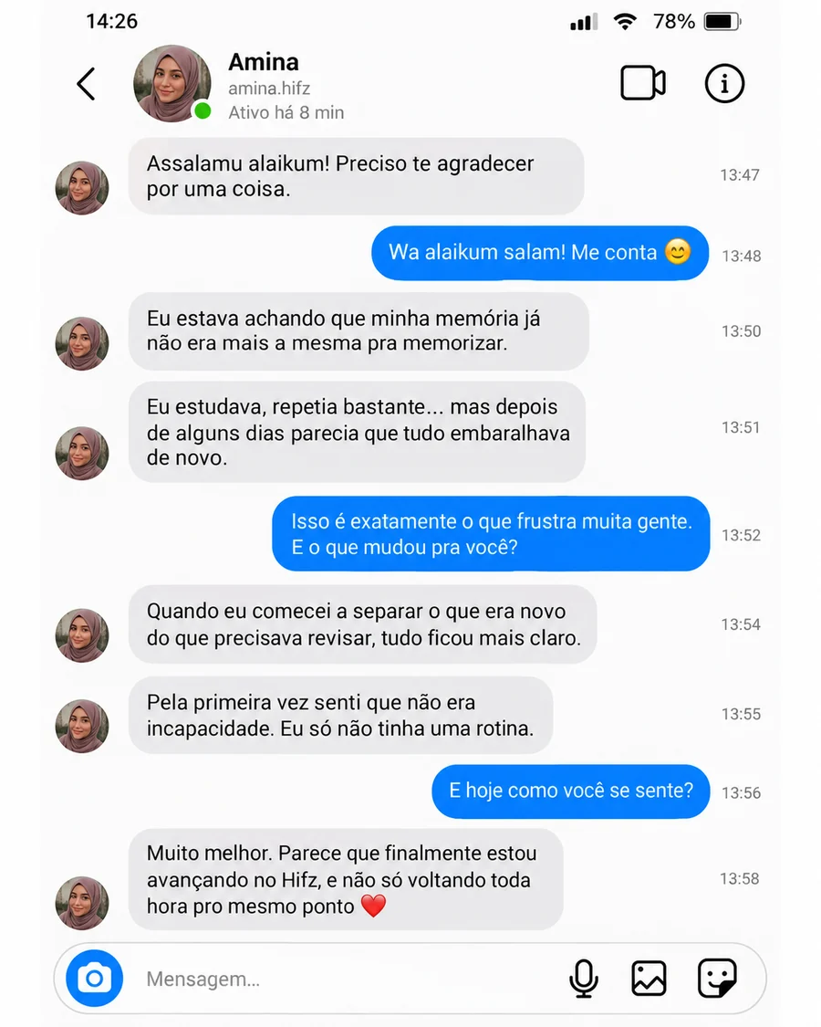 Mockup visual de conversa com Amina sobre memória e rotina de Hifz