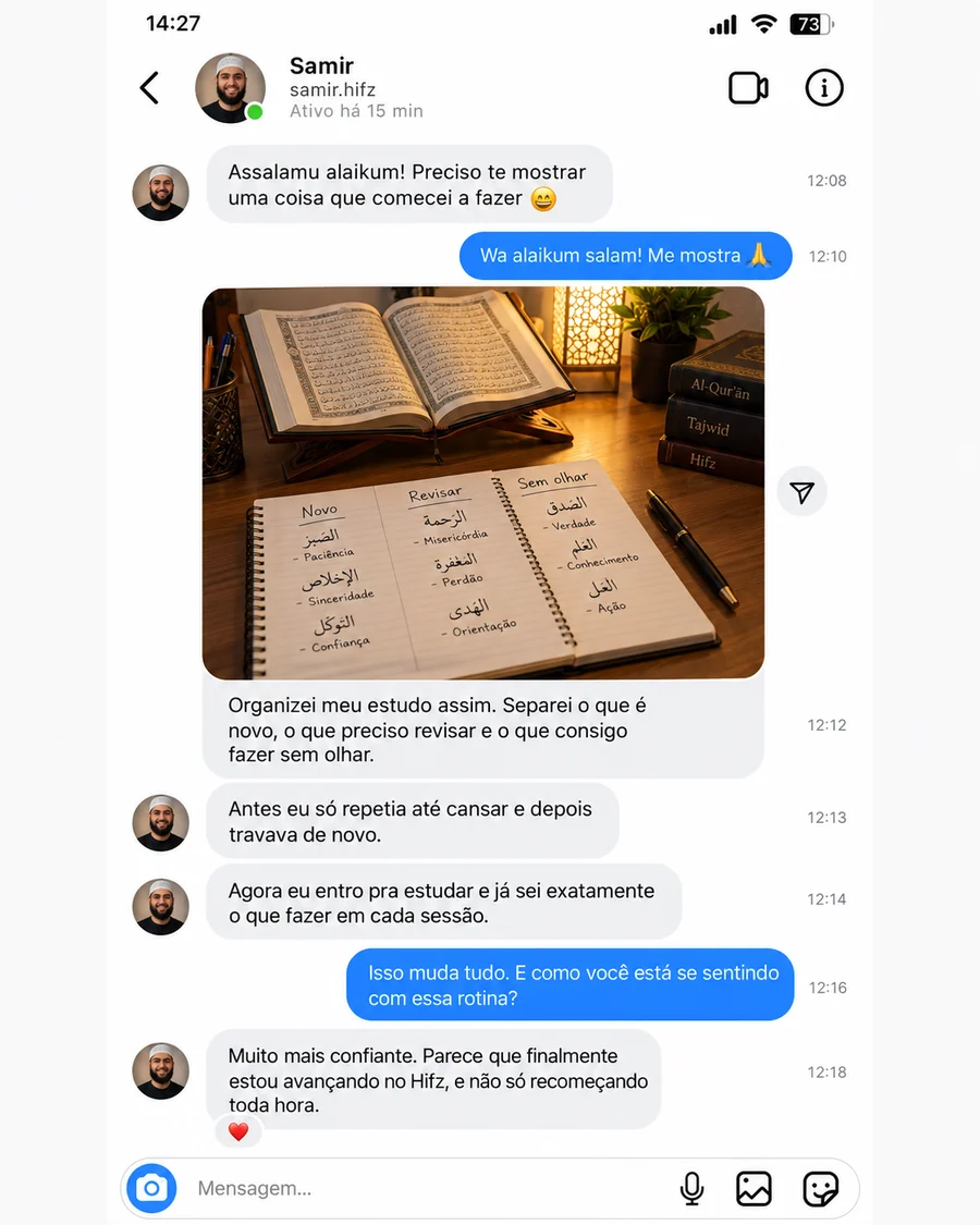 Mockup visual de conversa com Samir mostrando a aplicação da rotina de estudo