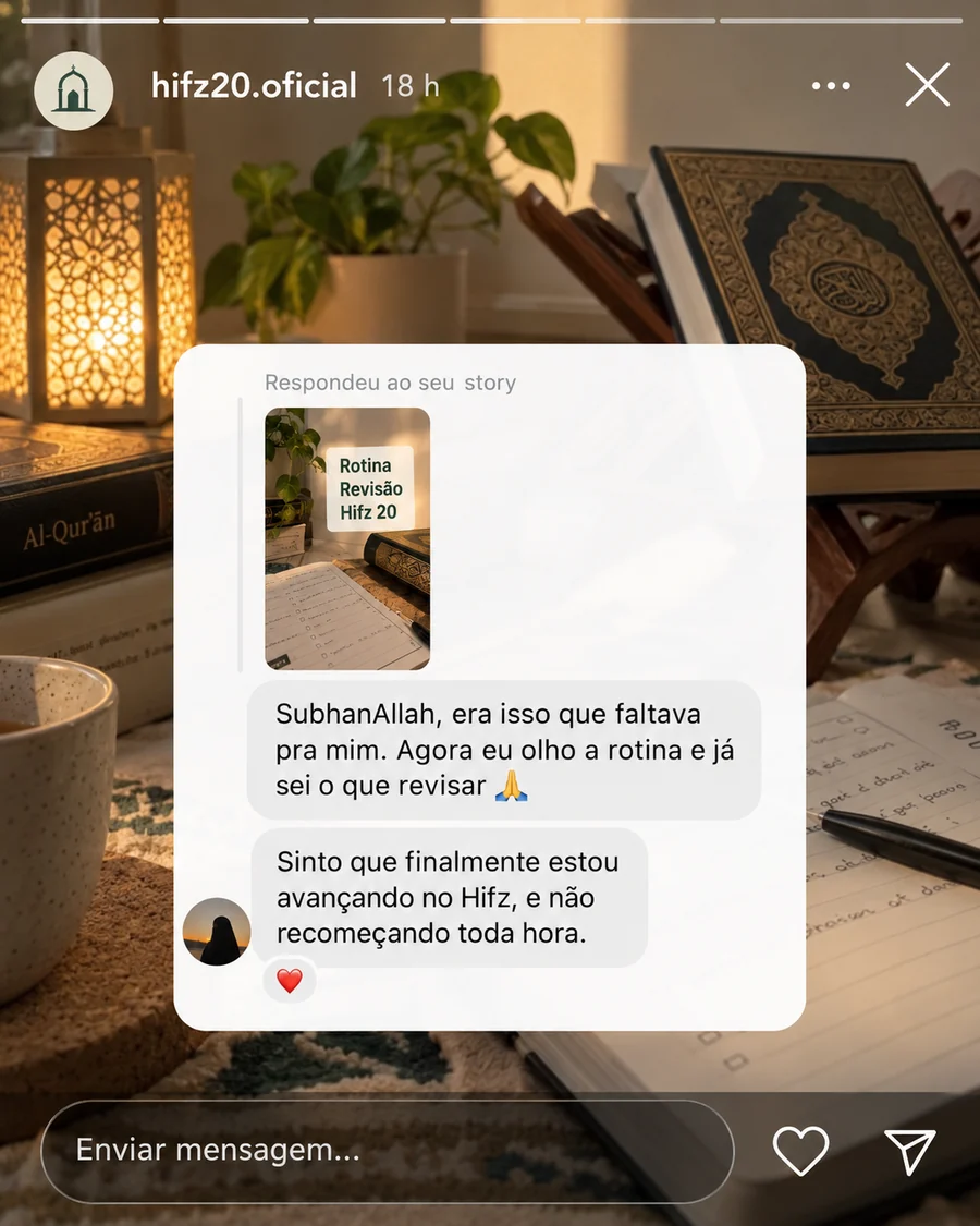 Mockup visual de resposta a Story sobre rotina, revisão e avanço no Hifz