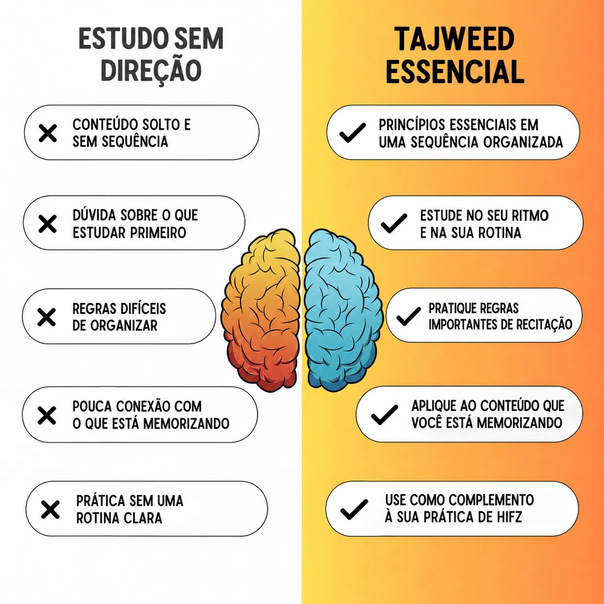 Comparação entre estudo sem direção e uma abordagem organizada de Tajweed essencial